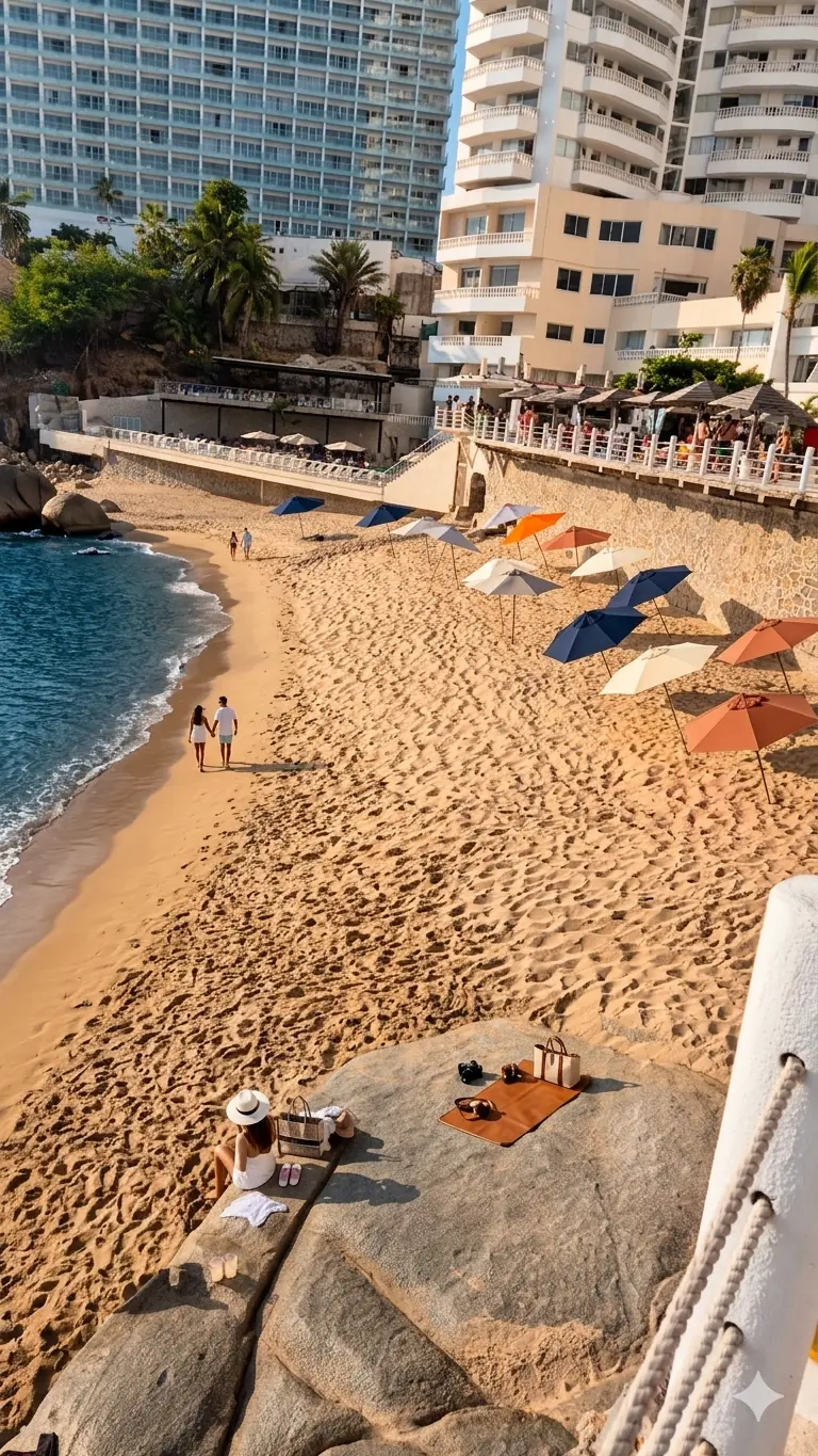 Vista ilustrativa de playa y alberca